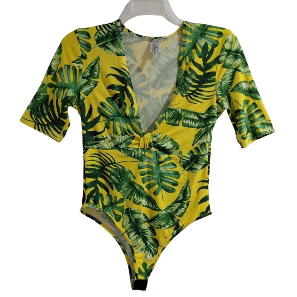 Shun Bo Yellow Green Tropical Leaf Print Plunging Neckline Bodysuit Top L